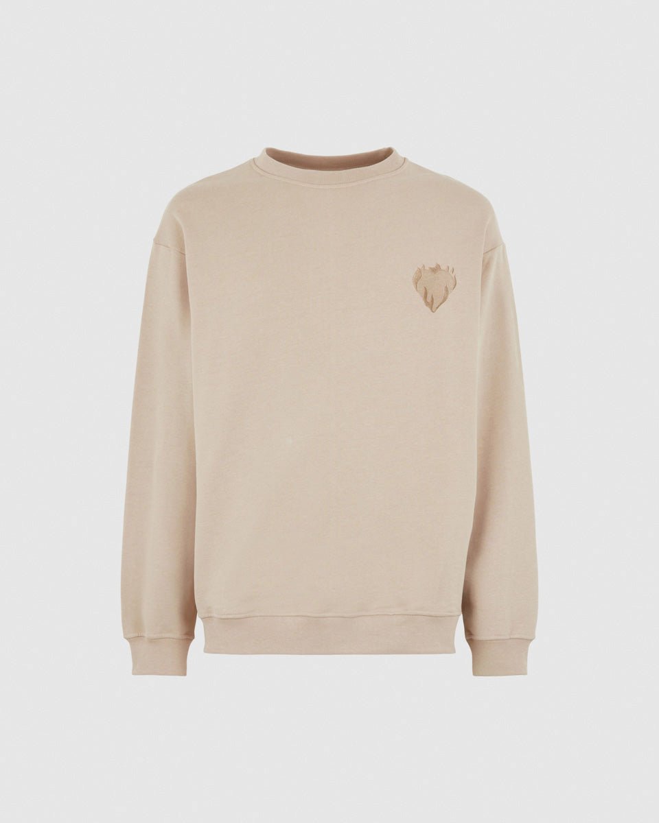 Vision Of Super LIGHT BROWN CREWNECK WITH EMBROIDERED FLAMING HEART