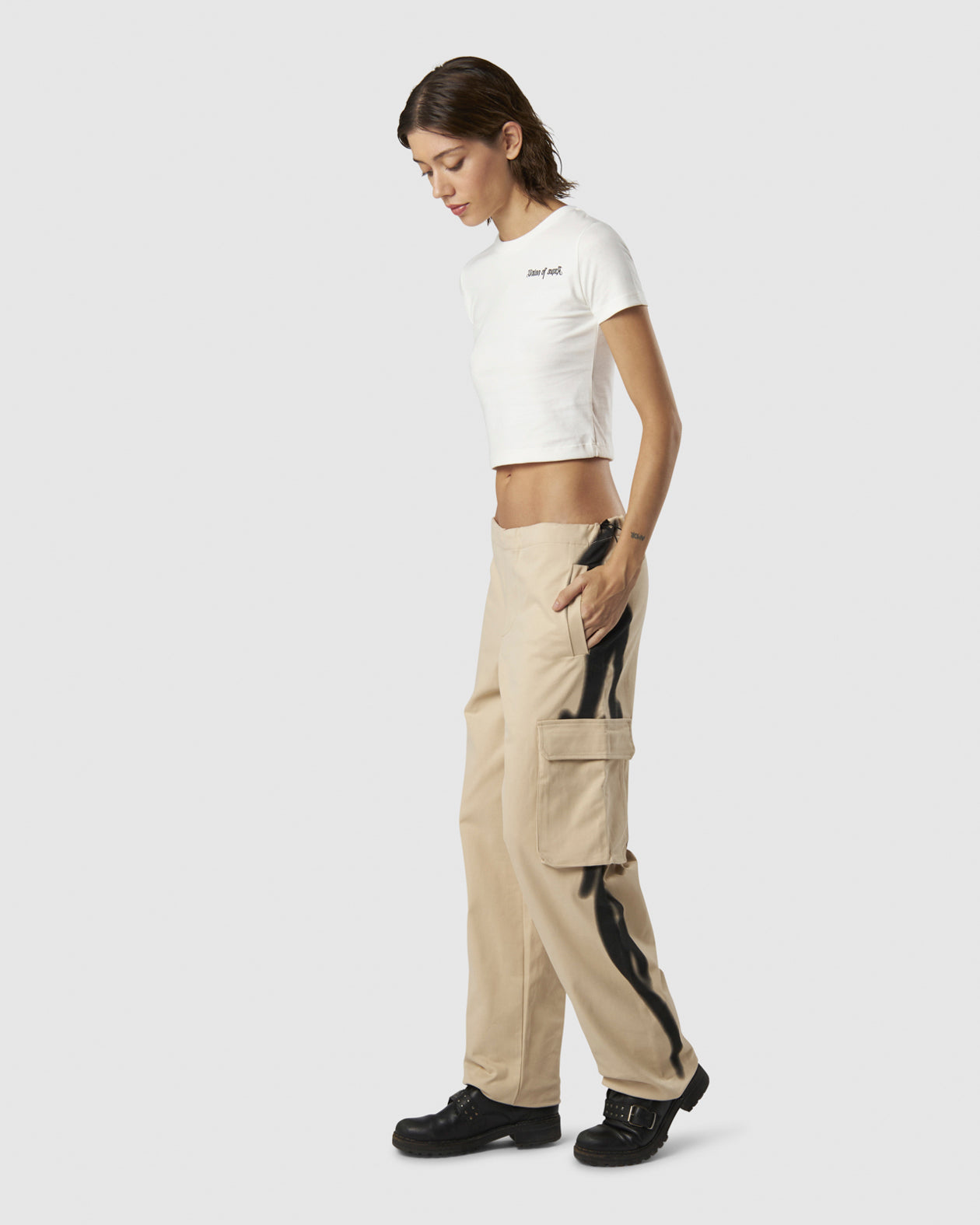 Vision Of Super LIGHT SAND CARGO PANTS WITH EMBROIDERED TRIBAL LOGO ON BACK AND PRINTED TRIBAL FLAMES ON SIDES