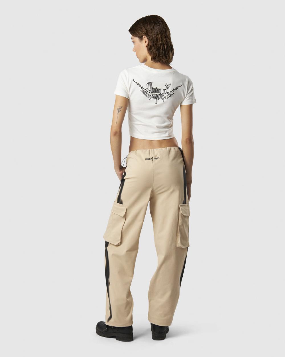 Vision Of Super LIGHT SAND CARGO PANTS WITH EMBROIDERED TRIBAL LOGO ON BACK AND PRINTED TRIBAL FLAMES ON SIDES