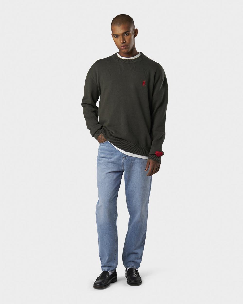 Vision Of Super MILITARY GREEN SWEATER WITH RED FLAME AND PRINTED LOGO