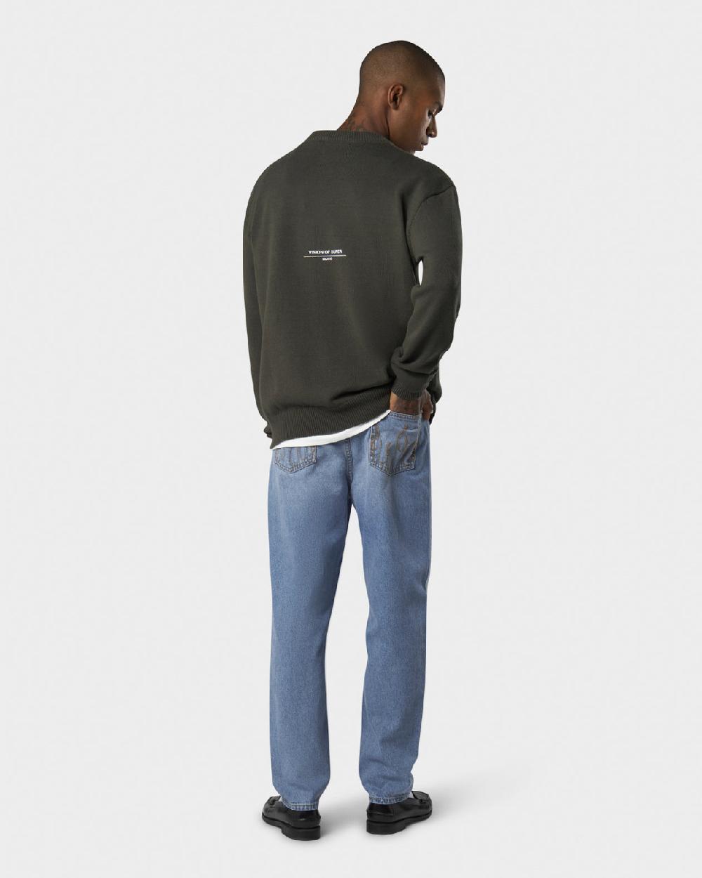 Vision Of Super MILITARY GREEN SWEATER WITH RED FLAME AND PRINTED LOGO