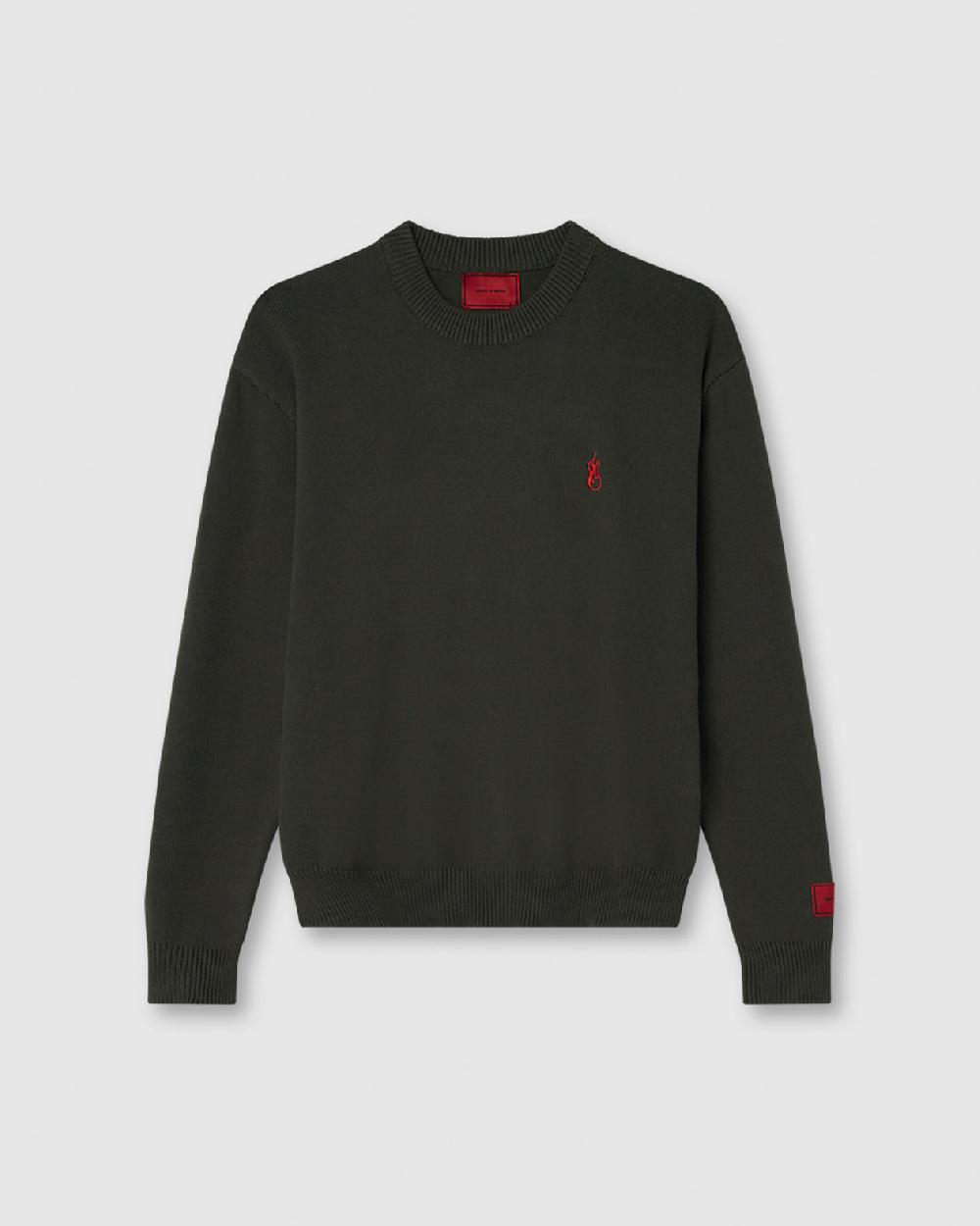Vision Of Super MILITARY GREEN SWEATER WITH RED FLAME AND PRINTED LOGO