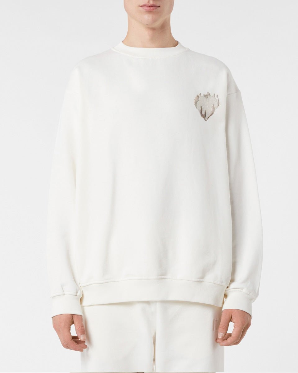 Vision Of Super OFF WHITE CREWNECK WITH EMBROIDERED FLAMING HEART