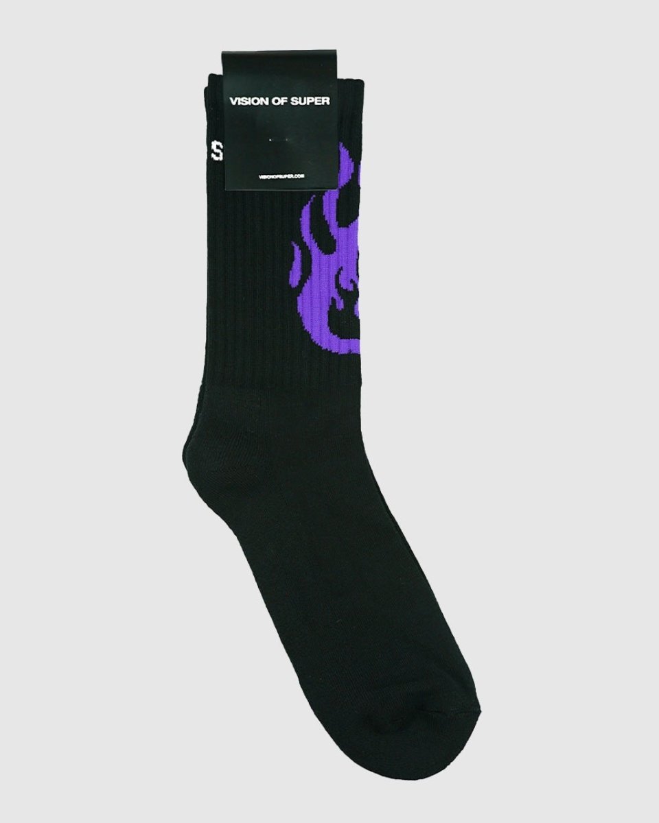 Vision Of Super BLACK SOCKS WITH PURPLE FIRE LOGO