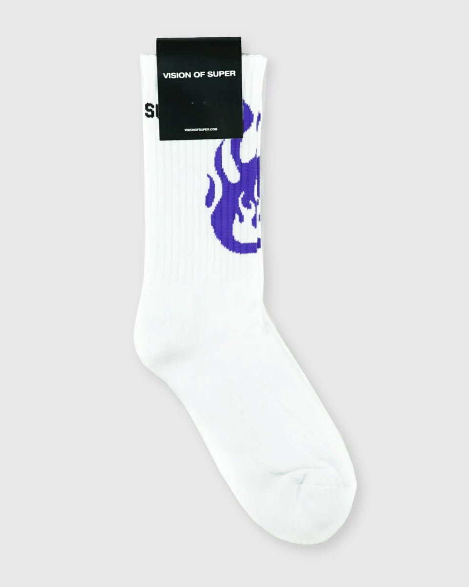 Vision Of Super WHITE SOCKS WITH PURPLE FIRE LOGO