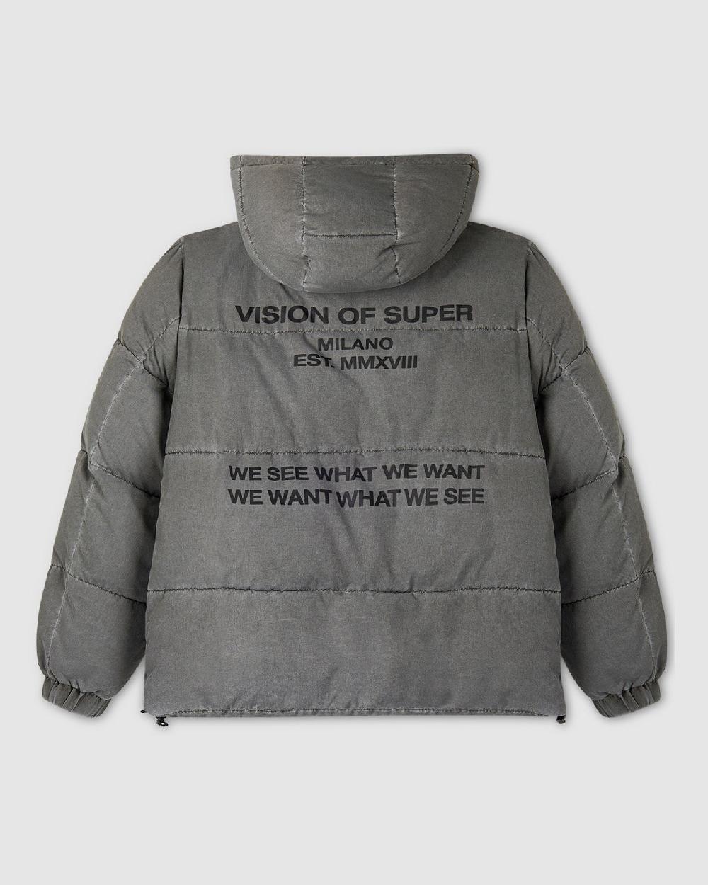 Vision Of Super WASHED PUFFY JACKET WITH RED LABEL AND VOS MILANO TEXT PRINTED ON BACK