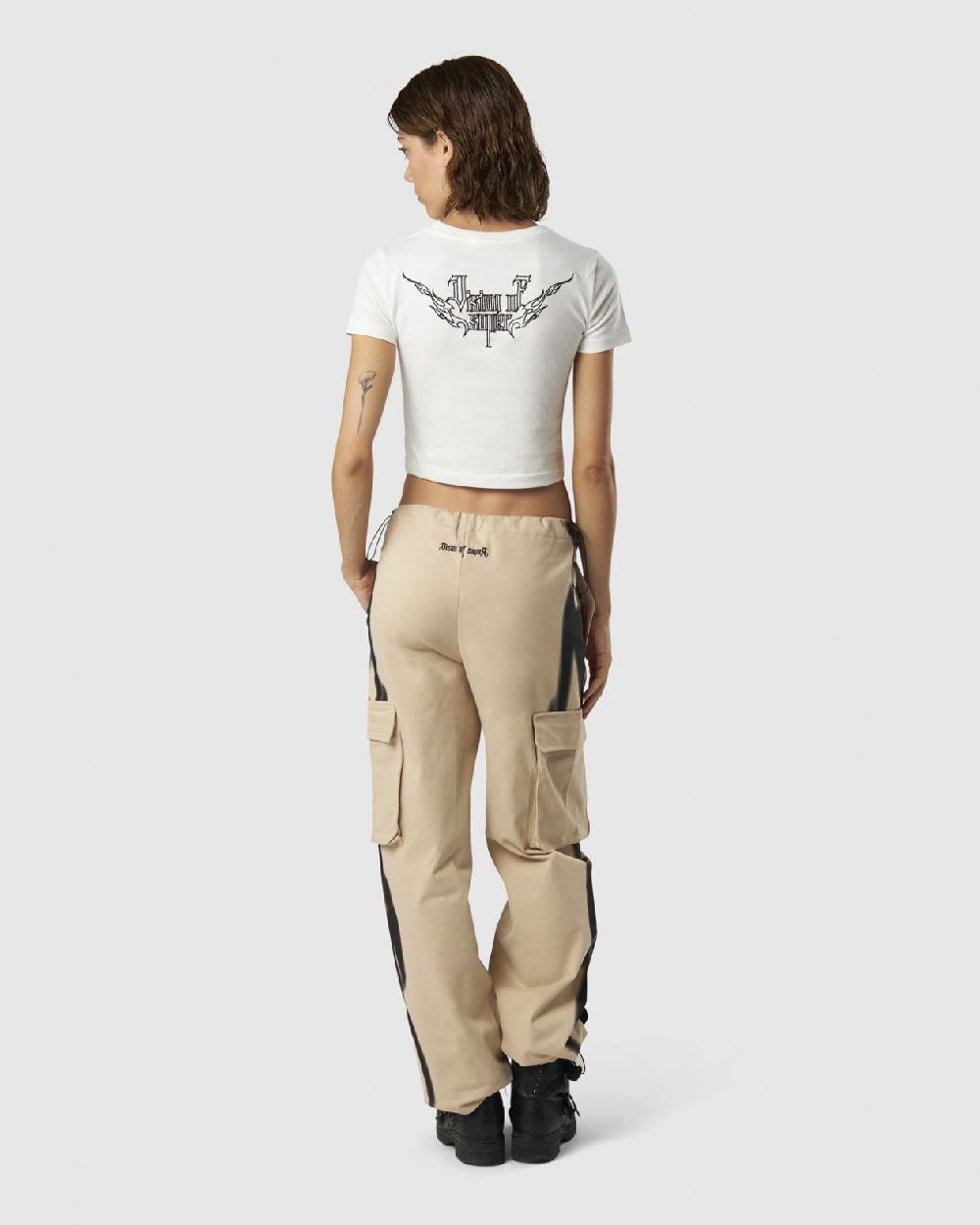 Vision Of Super WHITE CROP T-SHIRT WITH EMBROIDERED TRIBAL LOGO ON FRONT AND EMBROIDERED TRIBAL GRAPHIC ON BACK