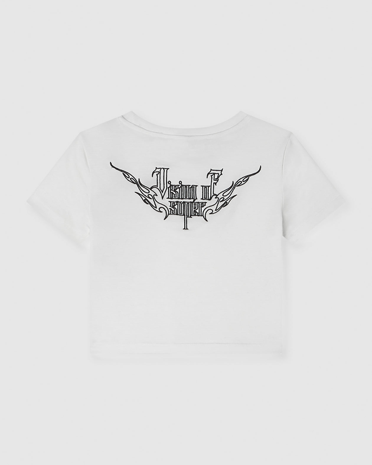 Vision Of Super WHITE CROP T-SHIRT WITH EMBROIDERED TRIBAL LOGO ON FRONT AND EMBROIDERED TRIBAL GRAPHIC ON BACK Vision Of Super WHITE CROP T-SHIRT WITH EMBROIDERED TRIBAL LOGO ON FRONT AND EMBROIDERED TRIBAL GRAPHIC ON BACK