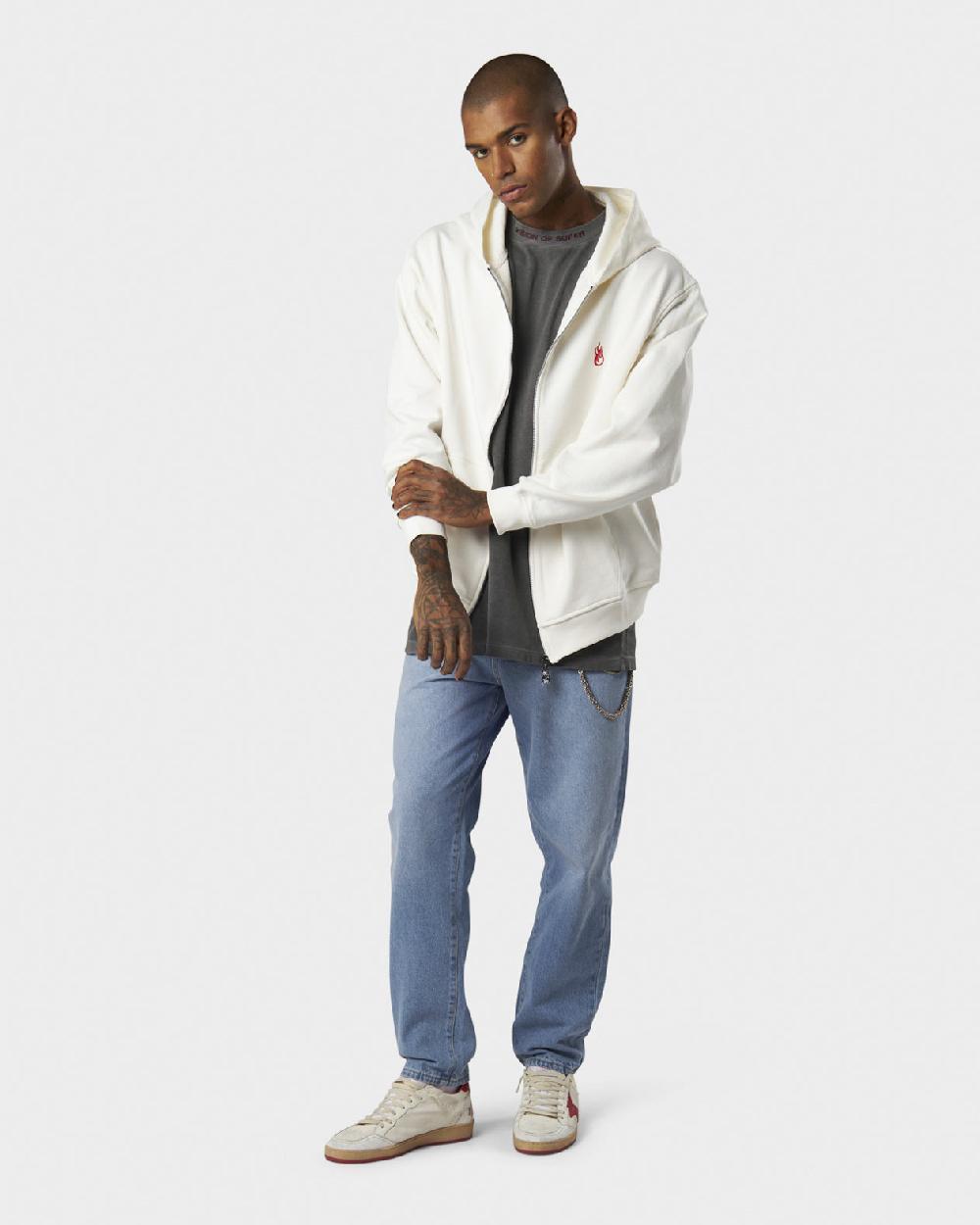Vision Of Super WHITE HOODIE ZIP WITH RED FLAMES METAL LABEL AND PRINTED LOGO