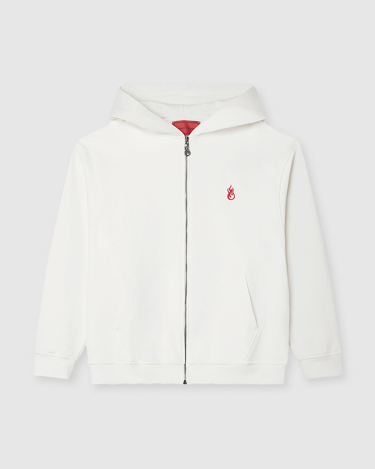 Vision Of Super WHITE HOODIE ZIP WITH RED FLAMES METAL LABEL AND PRINTED LOGO
