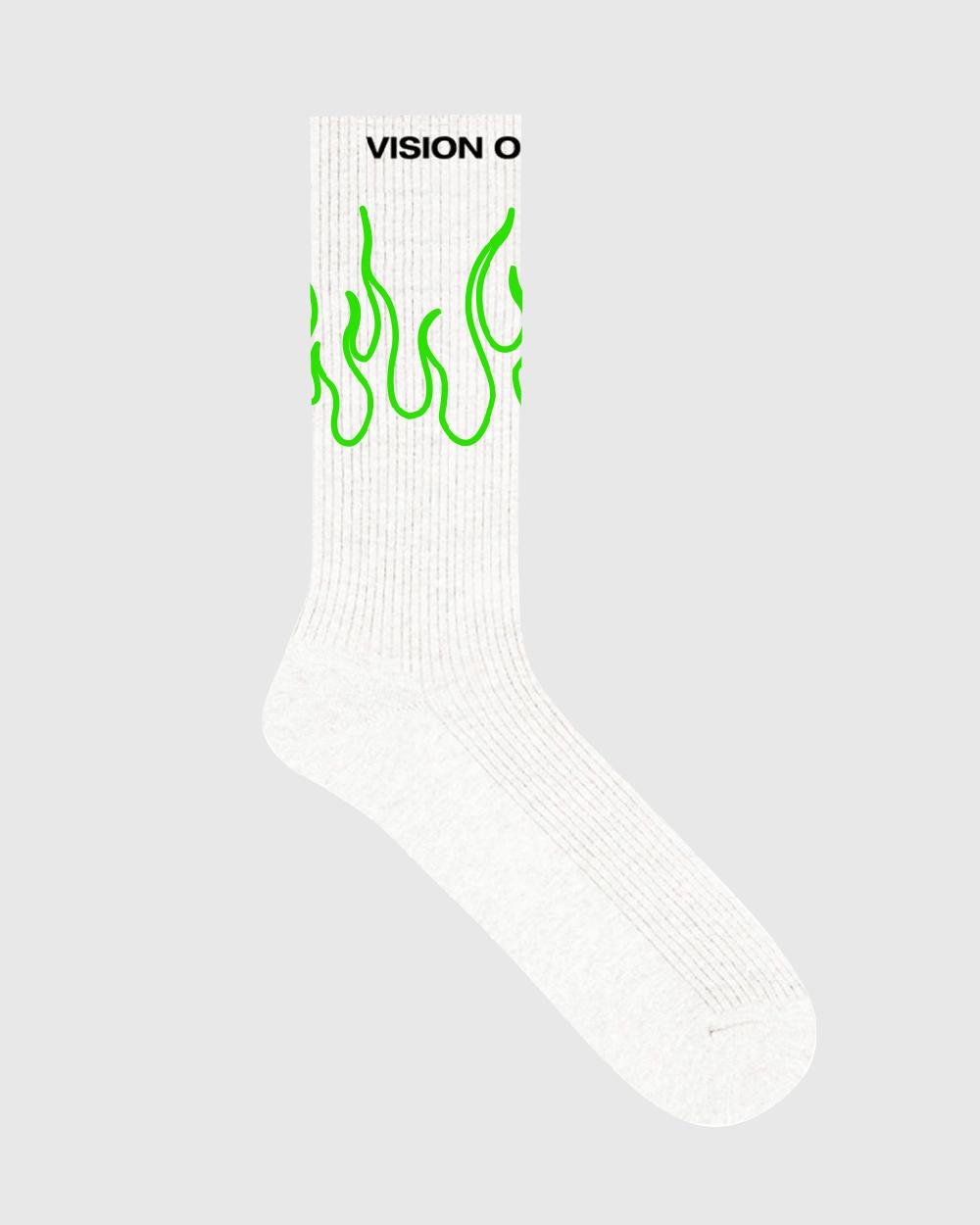 Vision Of Super WHITE SOCKS WITH GREEN OUTLINE FLAMES