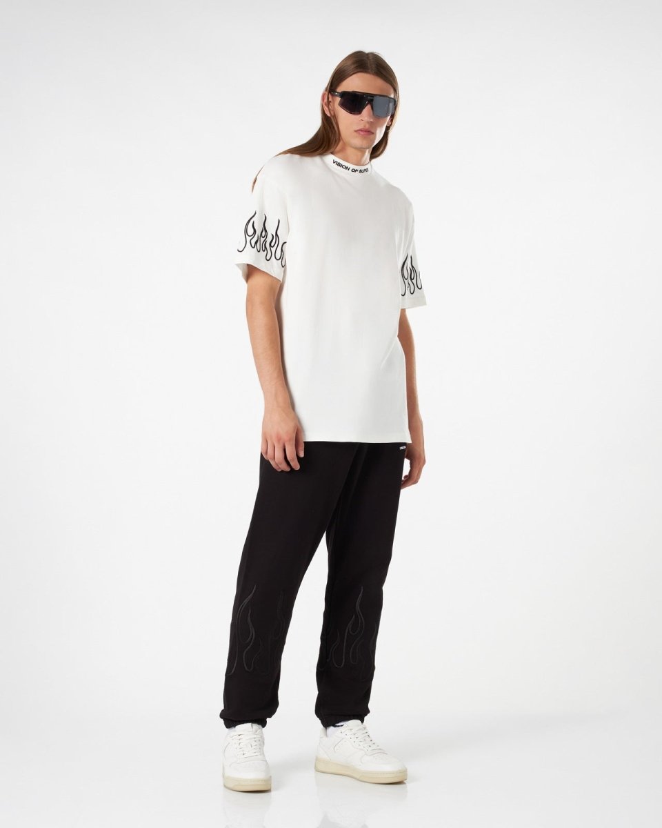 Vision Of Super WHITE T-SHIRT WITH BLACK EMBROIDERED FLAMES