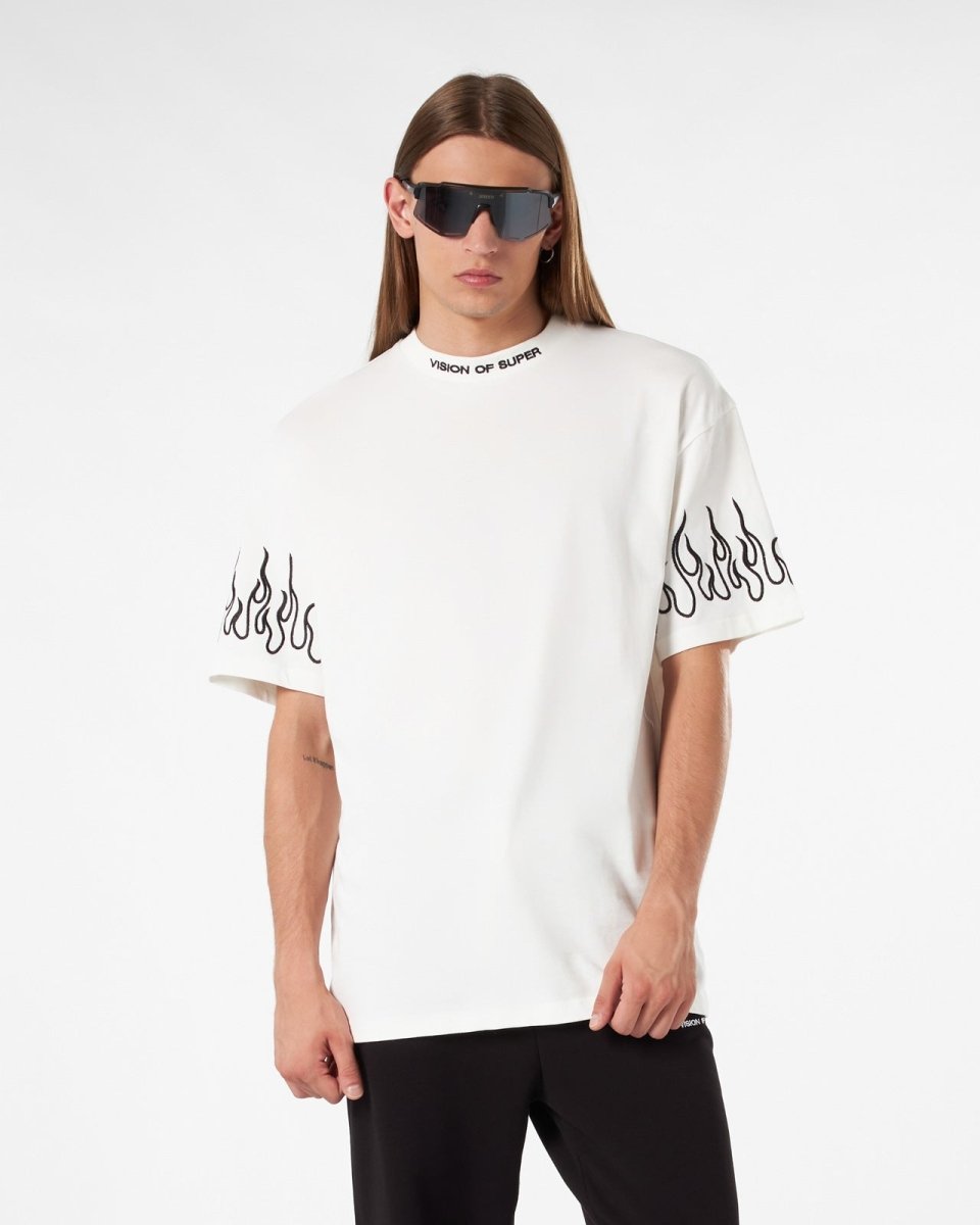 Vision Of Super WHITE T-SHIRT WITH BLACK EMBROIDERED FLAMES