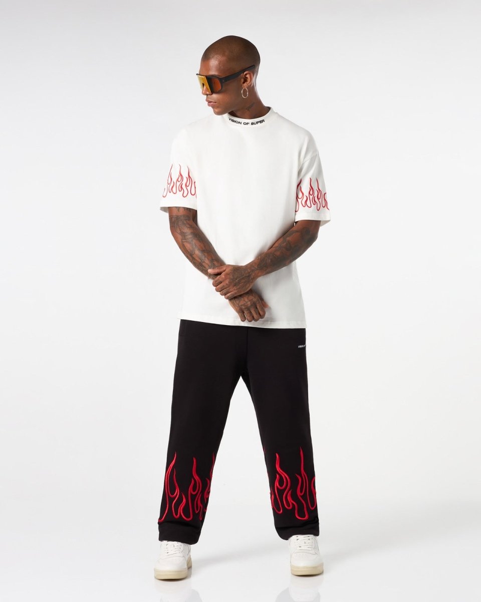 Vision Of Super WHITE T-SHIRT WITH RED EMBROIDERED FLAMES