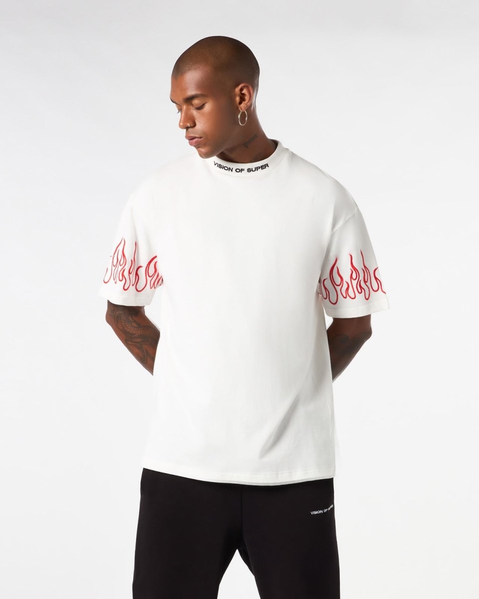 Vision Of Super WHITE T-SHIRT WITH RED EMBROIDERED FLAMES