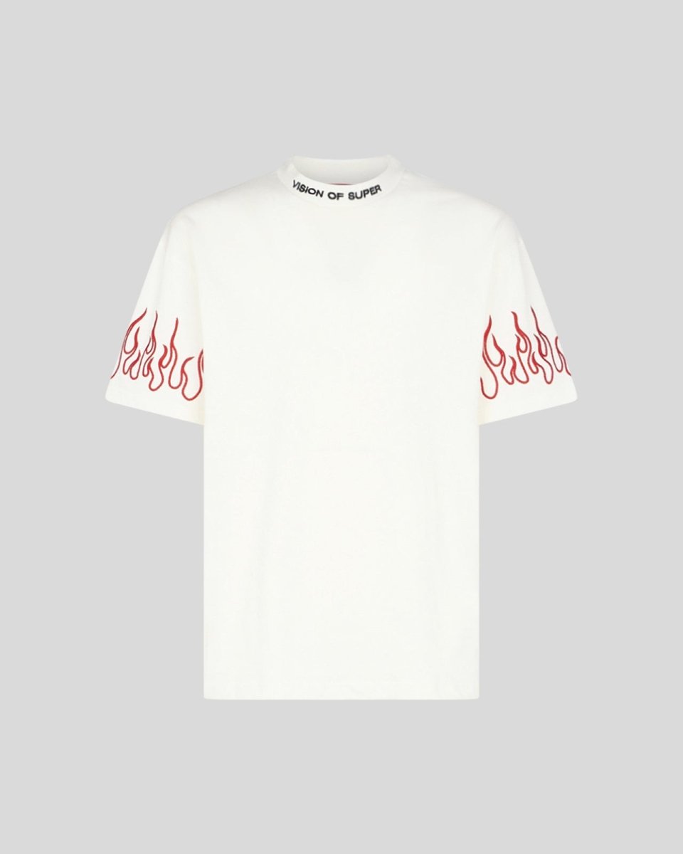 Vision Of Super WHITE T-SHIRT WITH RED EMBROIDERED FLAMES