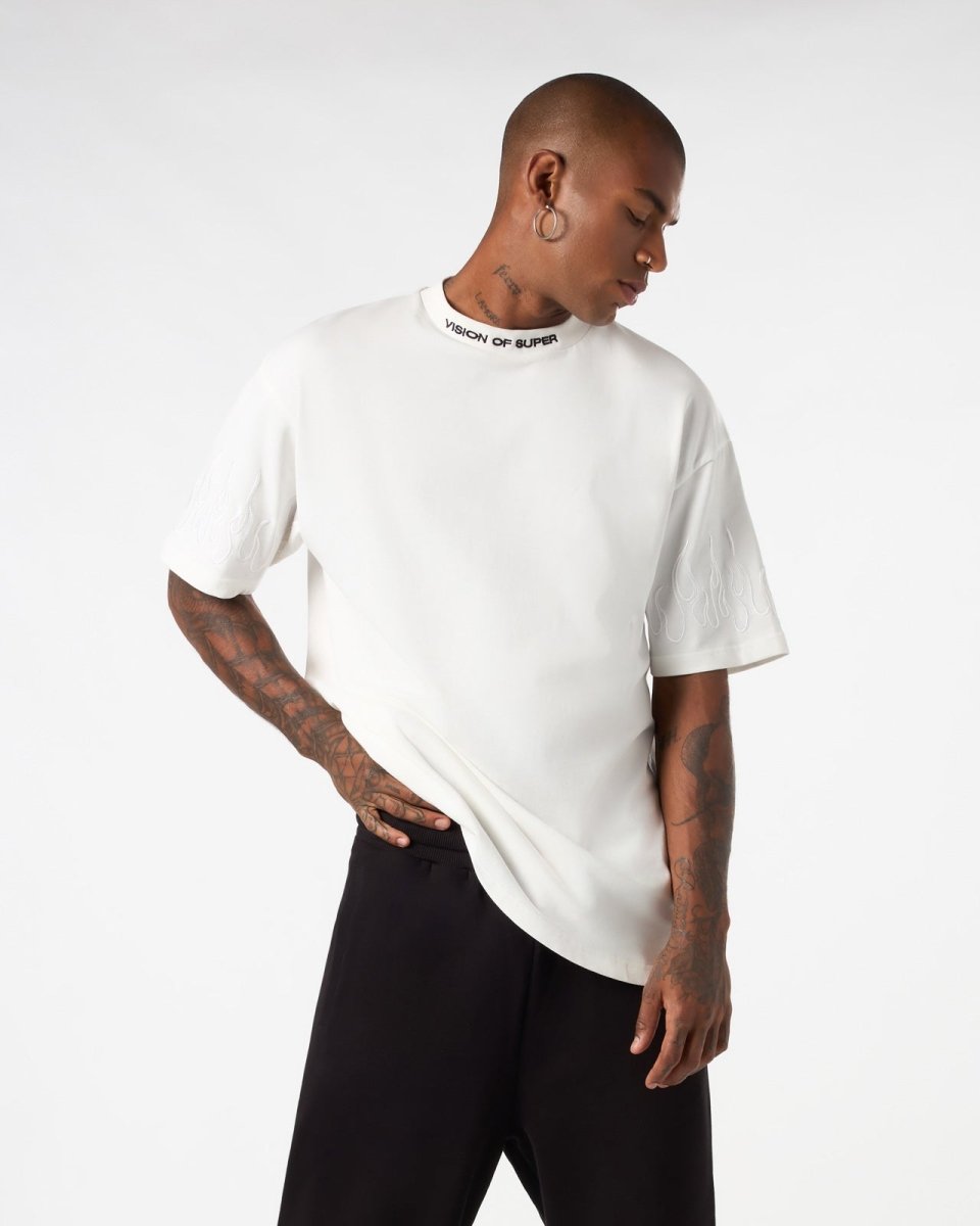 Vision Of Super WHITE T-SHIRT WITH WHITE EMBROIDERED FLAMES