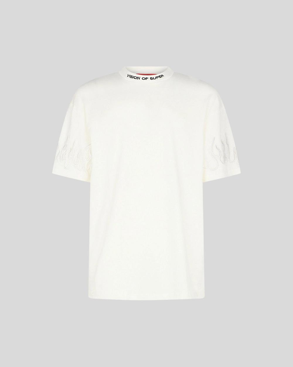Vision Of Super WHITE T-SHIRT WITH WHITE EMBROIDERED FLAMES
