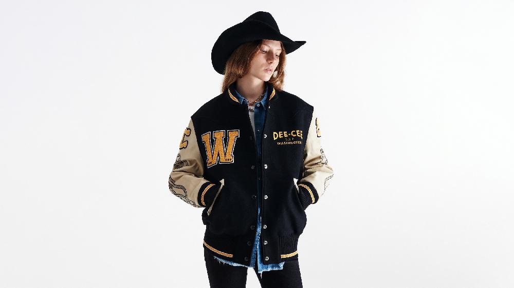 Washington Dee Cee Black Wool Blend Varsity Bomber Jacket