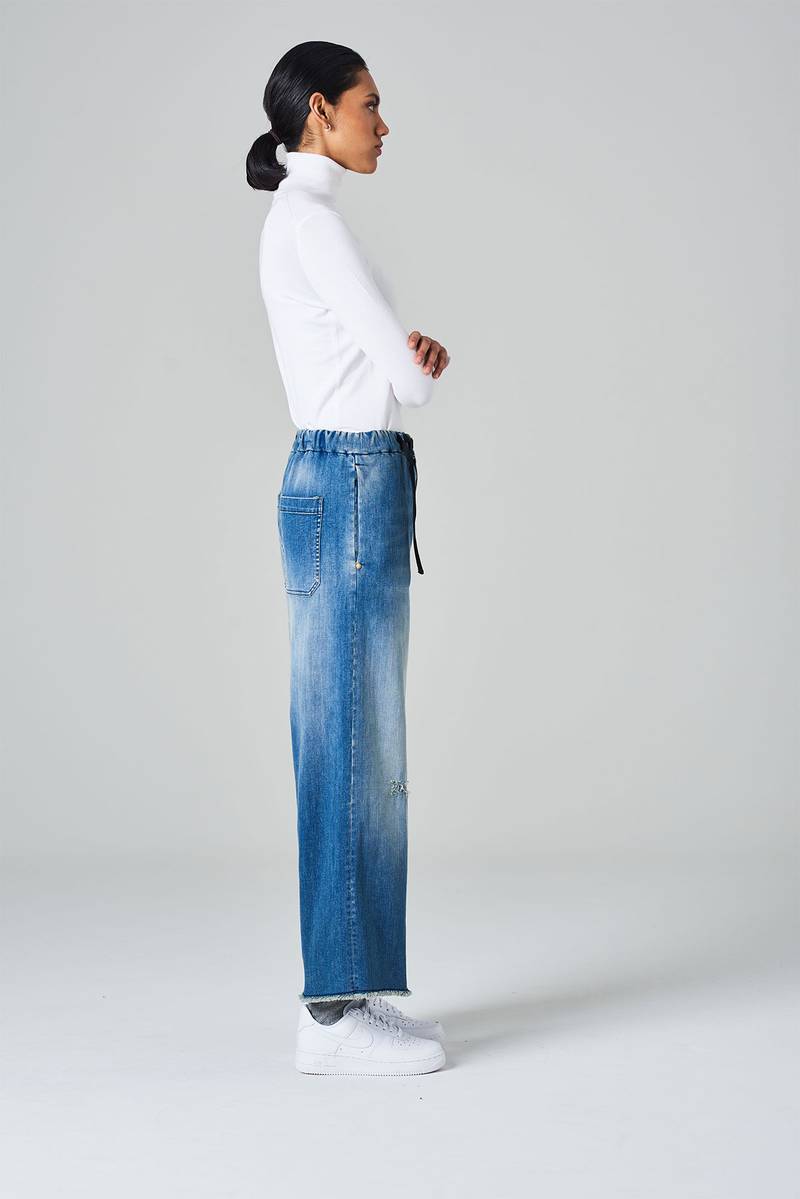 White Sand Pantalone Crop Gamba Ampia Con Elastico In Vita E Cinturino Regolabile