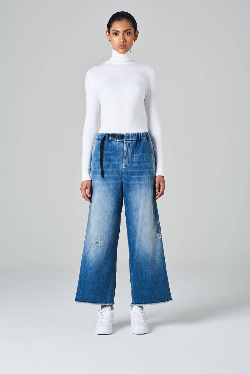 White sand Pantalone crop gamba ampia con elastico in vita e cinturino regolabile