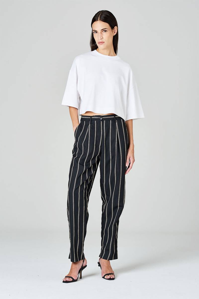 White sand Pantaloni gamba dritta con pinces in tessuto rigato misto viscosa