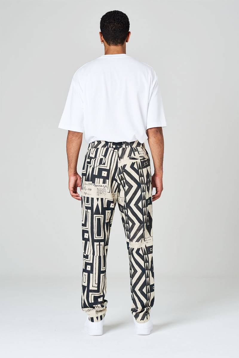 White Sand Pantaloni In Tela Misto Cotone-lino Stampa Geometrica