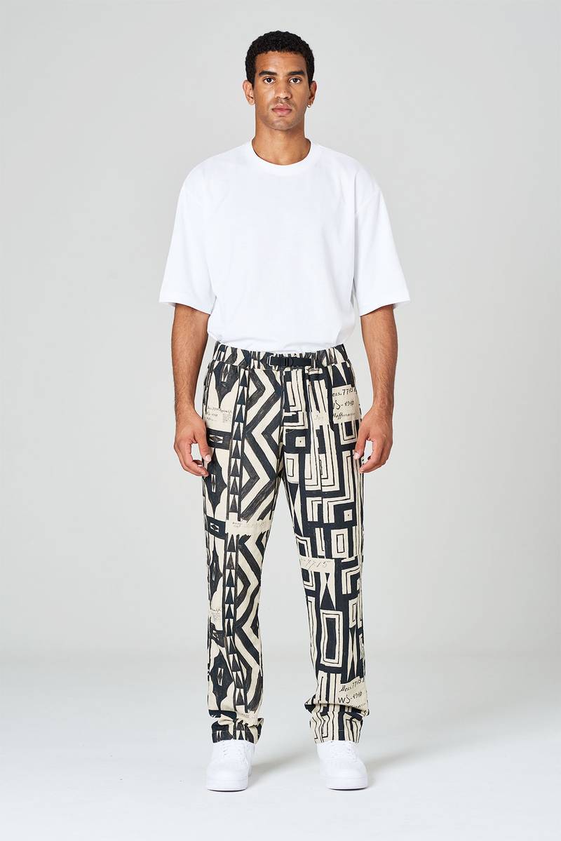 White sand Pantaloni in tela misto cotone-lino stampa geometrica