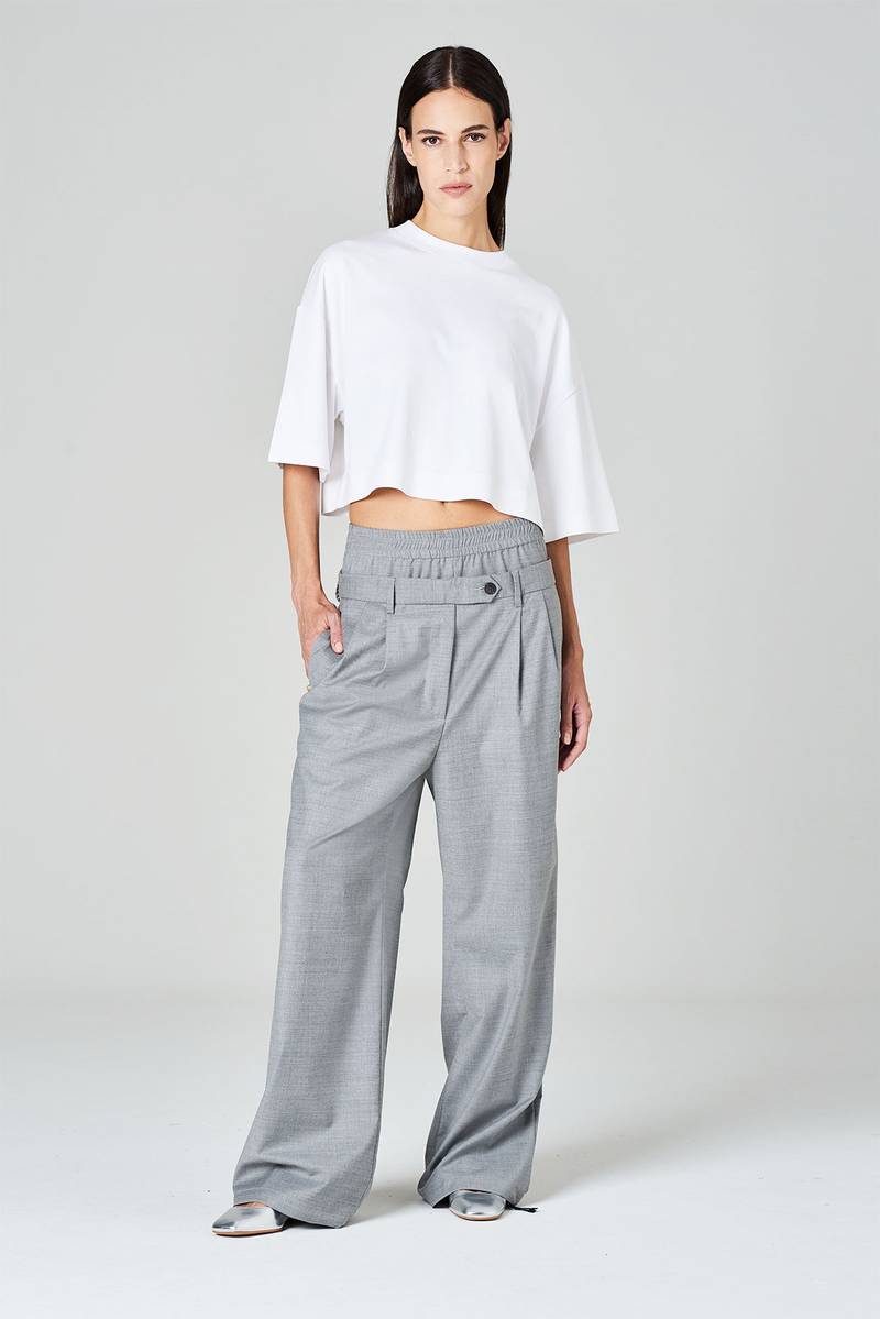 White sand Pantaloni palazzo con pinces e doppia vita in tessuto misto lana