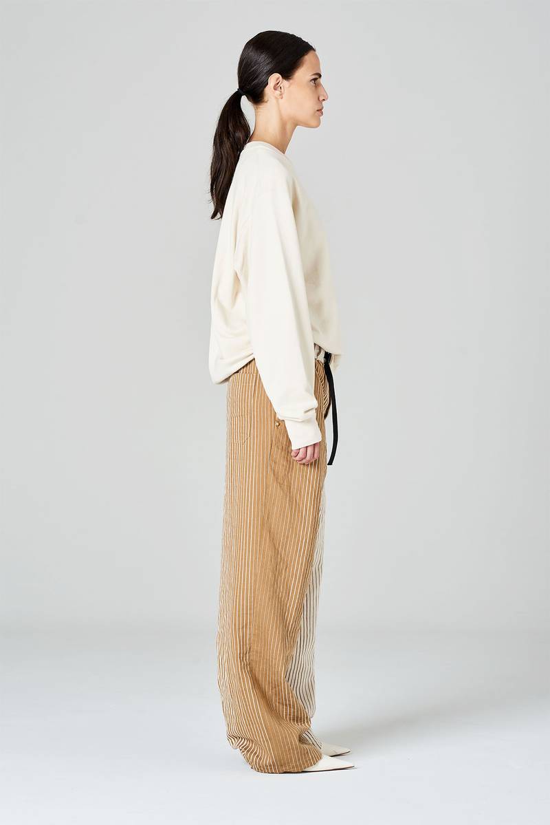 White Sand Pantaloni Palazzo In Misto Cotone-lino Stampa Riga Irregolare