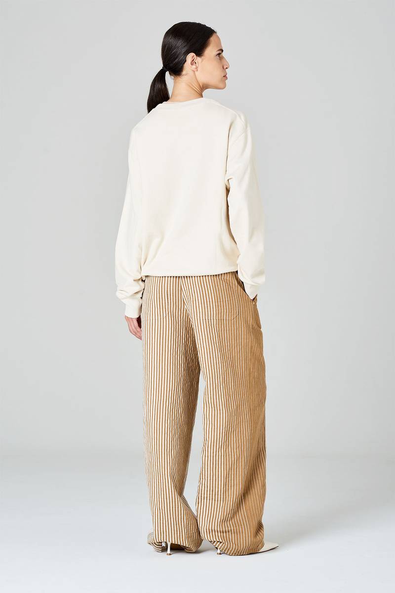 White Sand Pantaloni Palazzo In Misto Cotone-lino Stampa Riga Irregolare