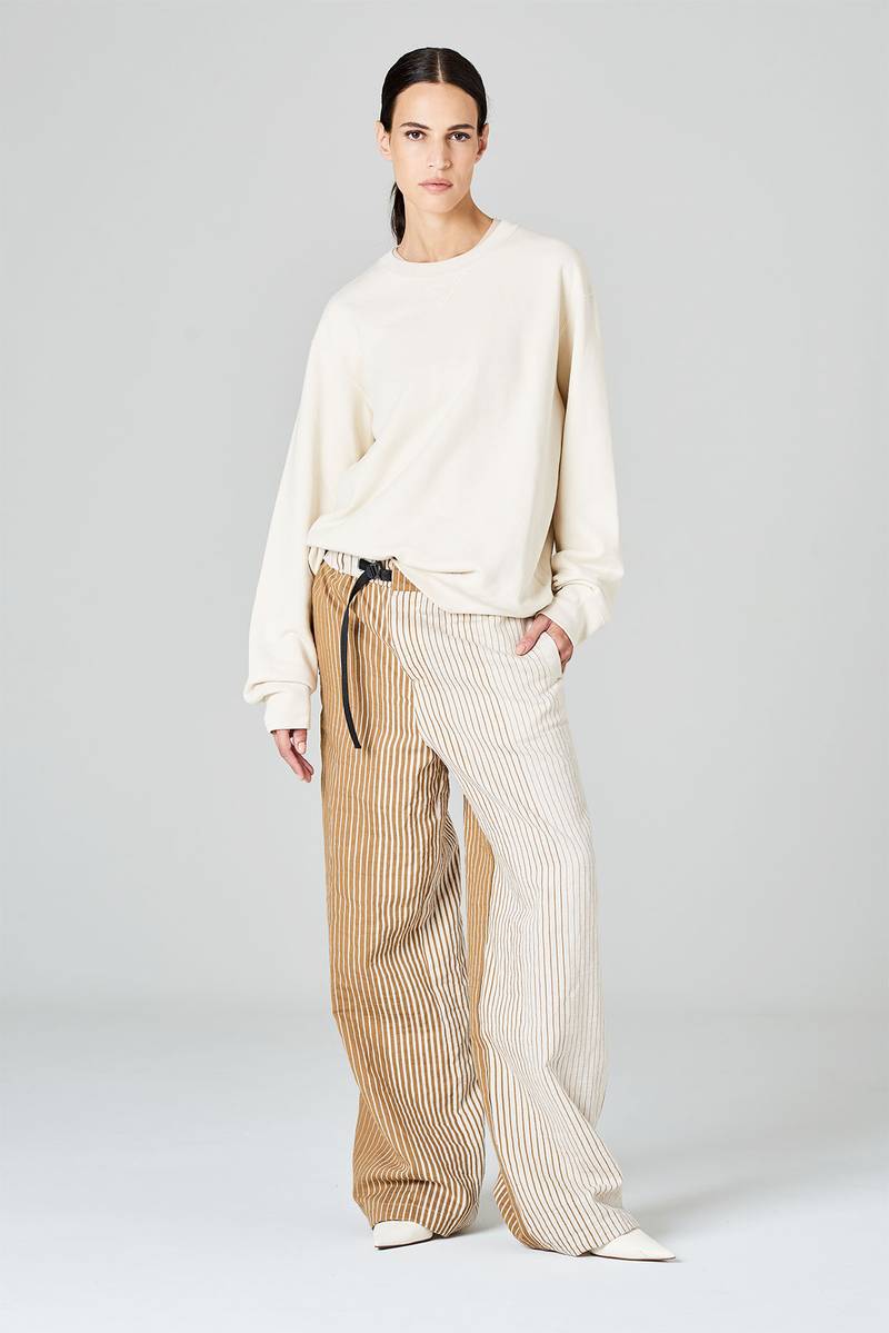 White sand Pantaloni palazzo in misto cotone-lino stampa riga irregolare