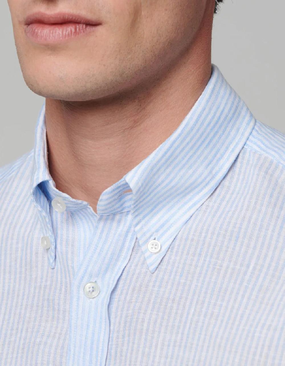 Xacus Camicia Collo button down Righe Lino Celeste chiaro