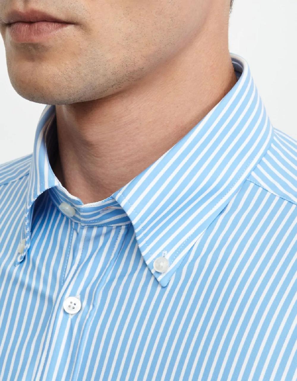 Xacus Camicia Collo button down Righe Twill Celeste bianco