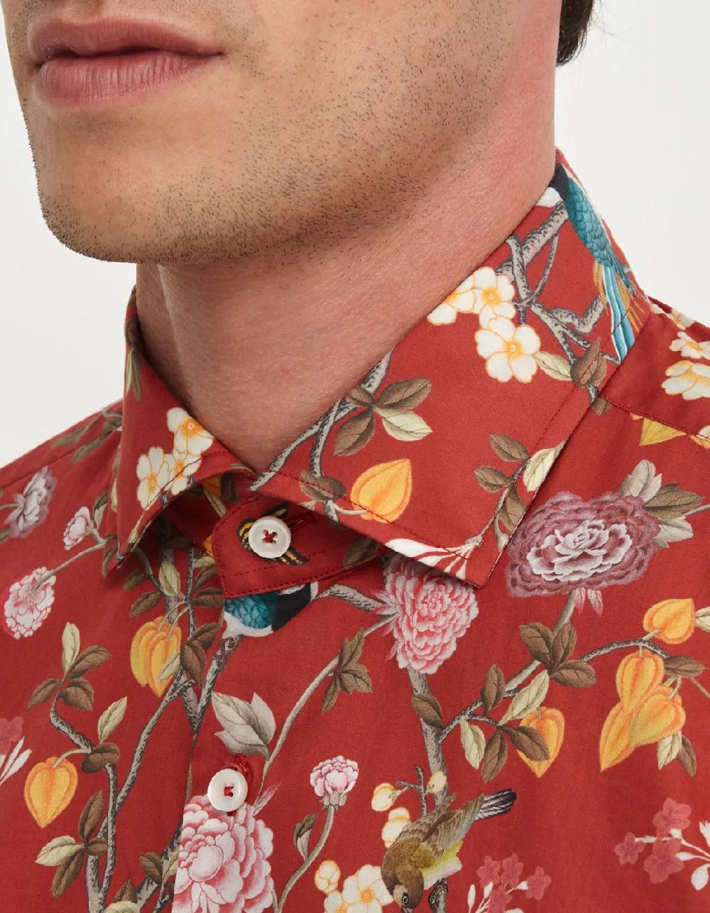 Xacus Camicia Collo francese piccolo Fantasia Popeline Rosso fragola