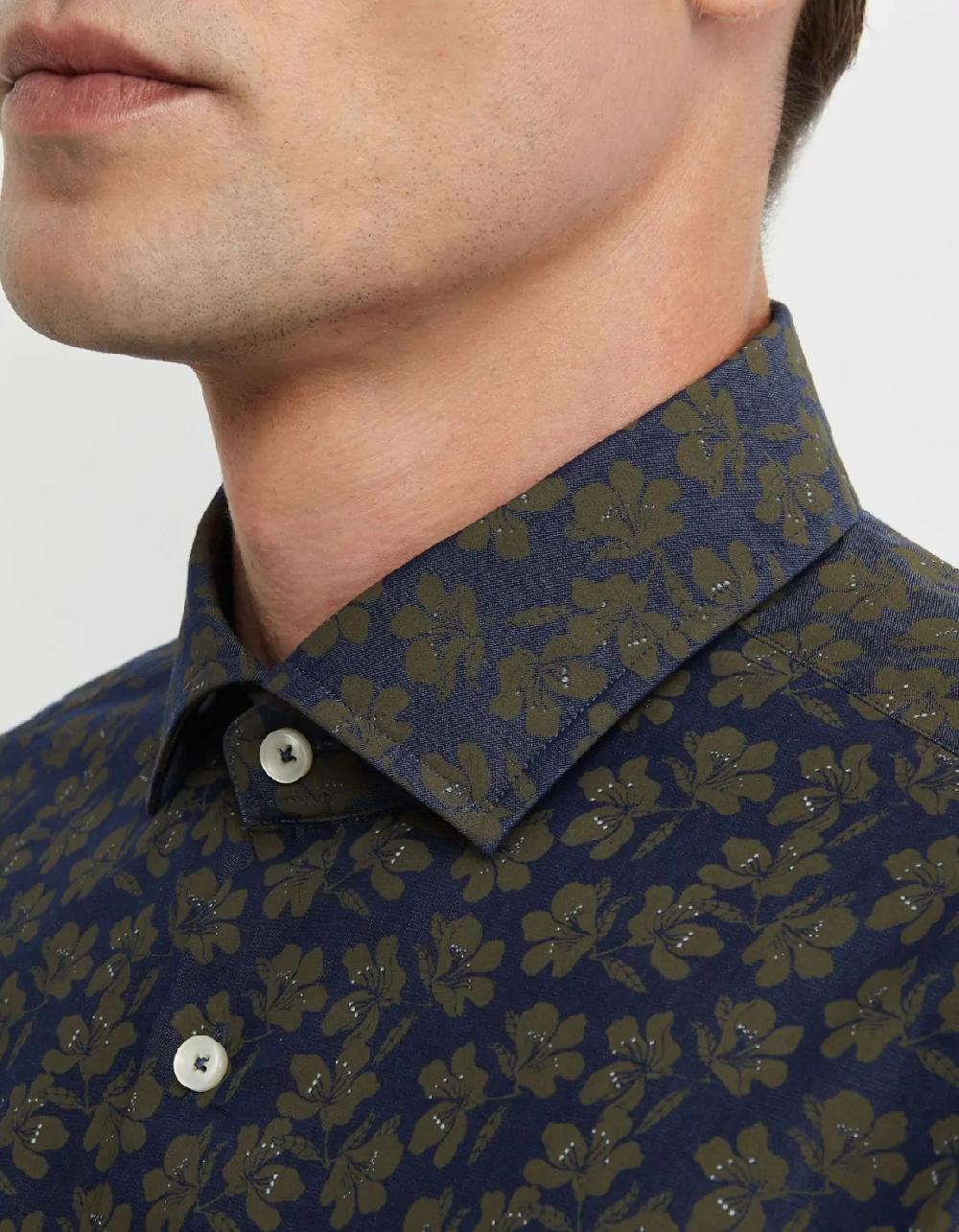 Xacus Camicia Collo francese piccolo Fantasia Twill Verde militare