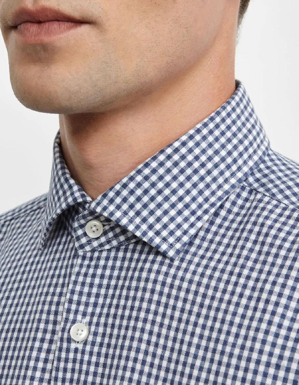 Xacus Camicia Collo francese piccolo Quadri Twill Avio