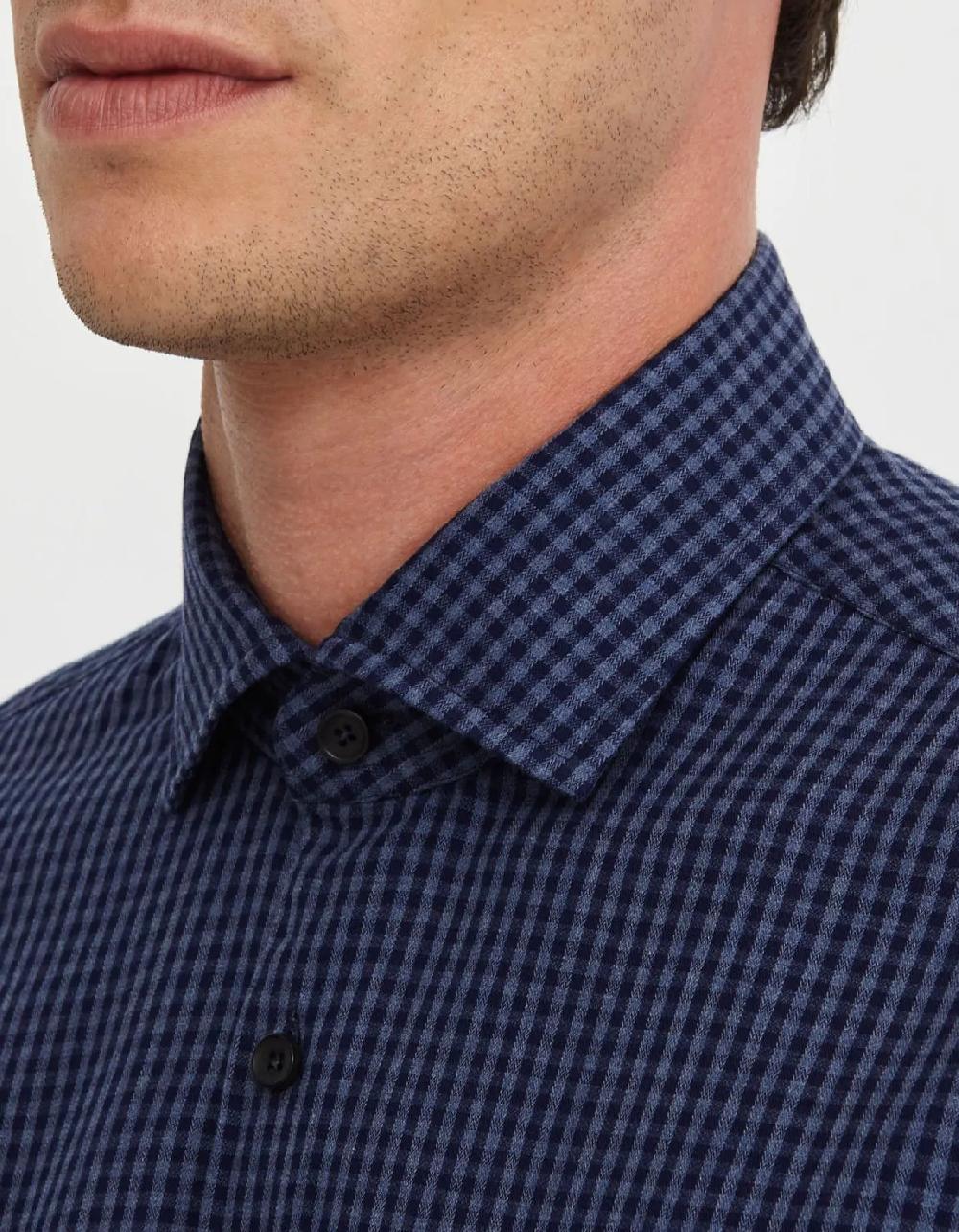 Xacus Camicia Collo francese piccolo Quadri Twill Blu navy