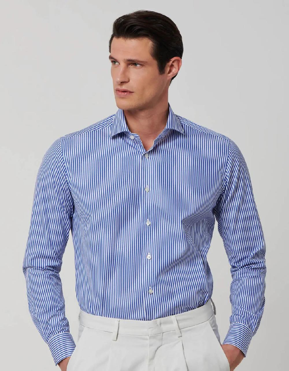 Xacus Camicia Collo francese piccolo Righe Popeline Blu