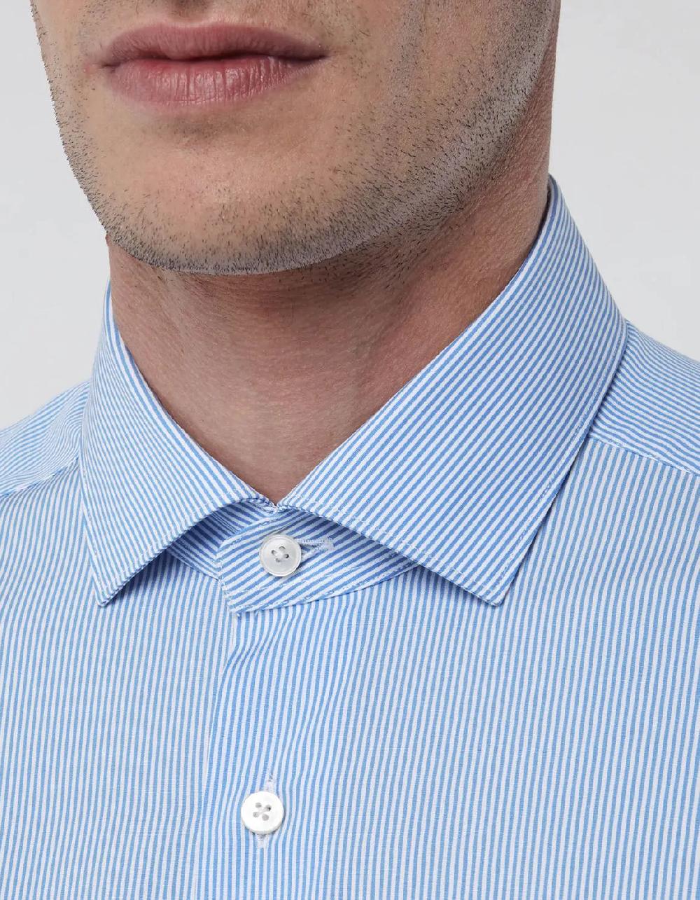 Xacus Camicia Collo francese piccolo Righe Popeline Celeste chiaro