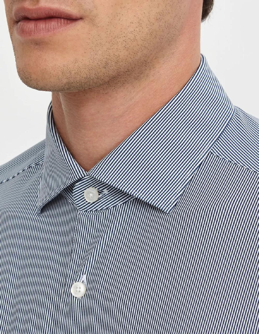 Xacus Camicia Collo francese piccolo Righe Twill Blu navy