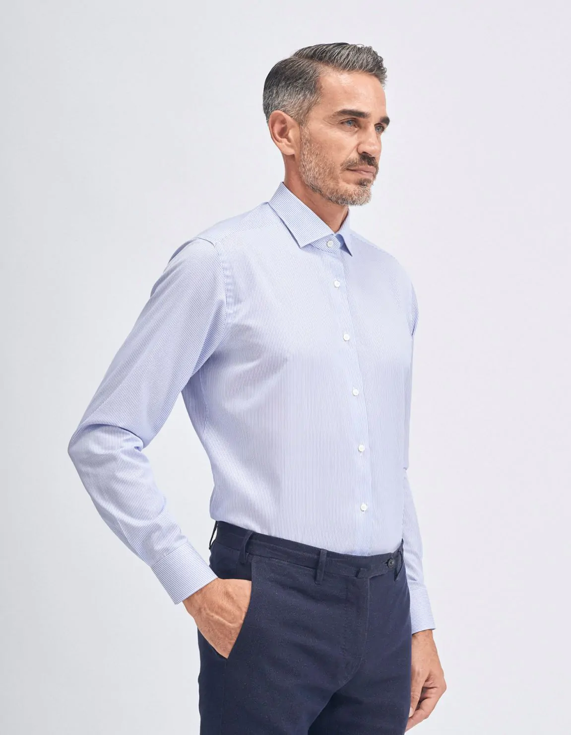 Xacus Camicia Collo francese piccolo Righe Twill Celeste