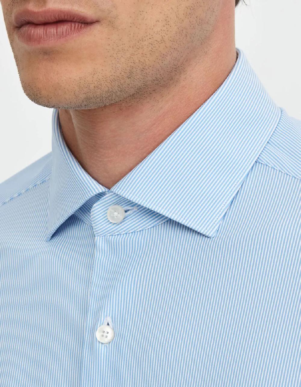 Xacus Camicia Collo francese piccolo Righe Twill Celeste chiaro