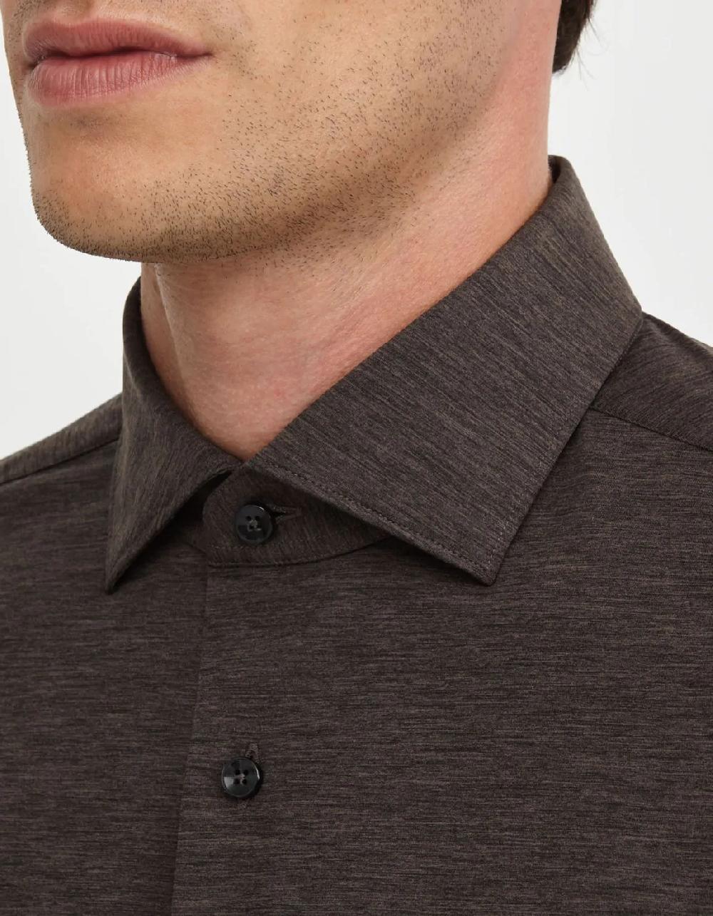 Xacus Camicia Collo francese piccolo Tinta Unita Maglia Marrone melange