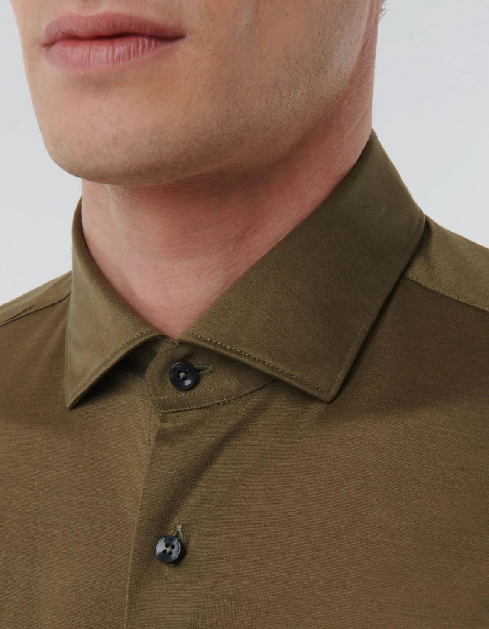 Xacus Camicia Collo francese piccolo Tinta Unita Maglia Verde militare