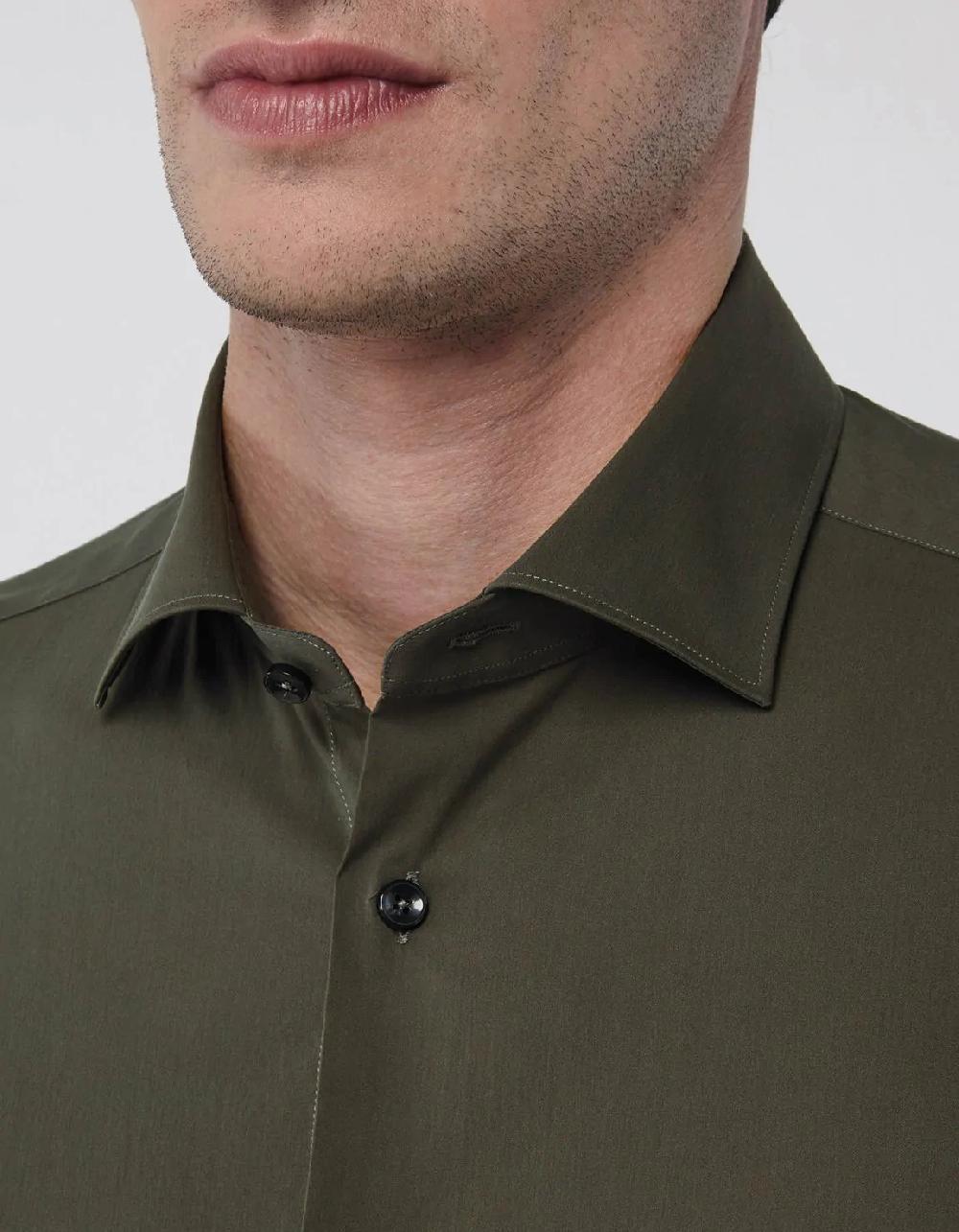 Xacus Camicia Collo francese piccolo Tinta Unita Popeline Verde militare