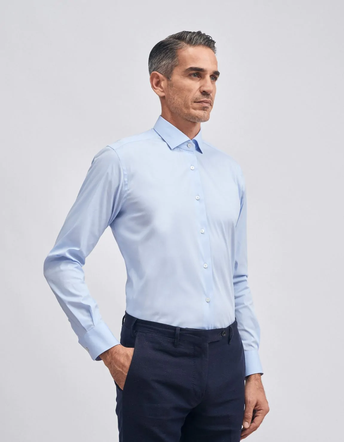 Xacus Camicia Collo francese piccolo Tinta Unita Tela Celeste