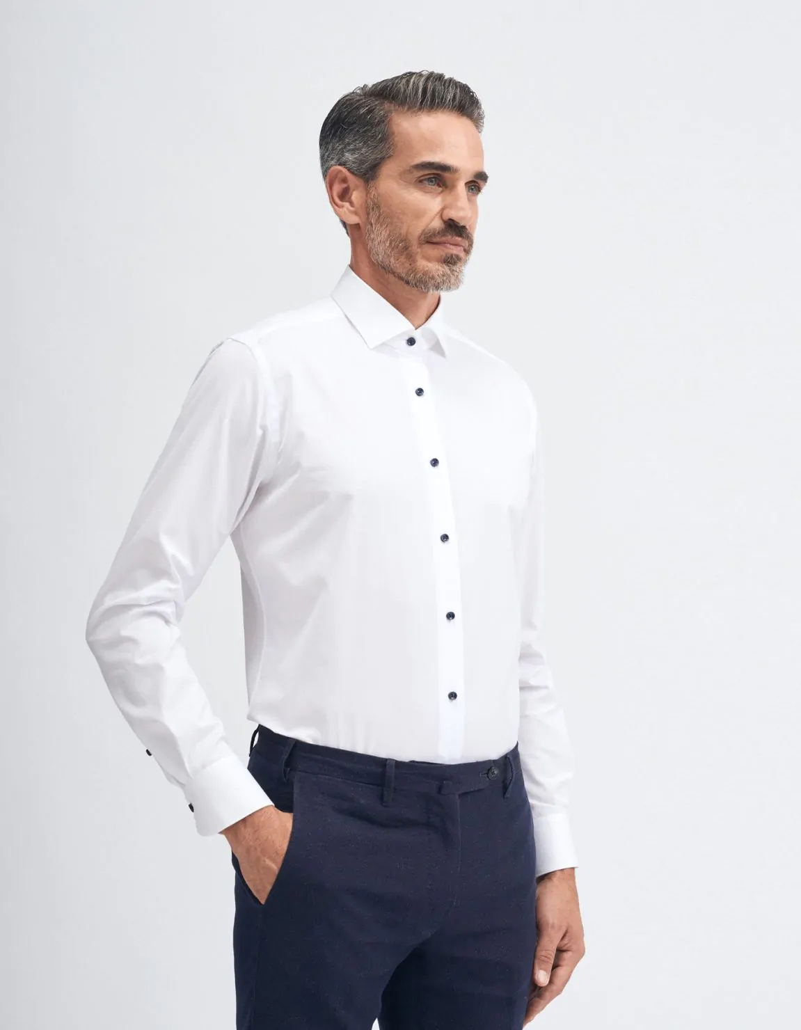 Xacus Camicia Collo francese piccolo Tinta Unita Twill Bianco