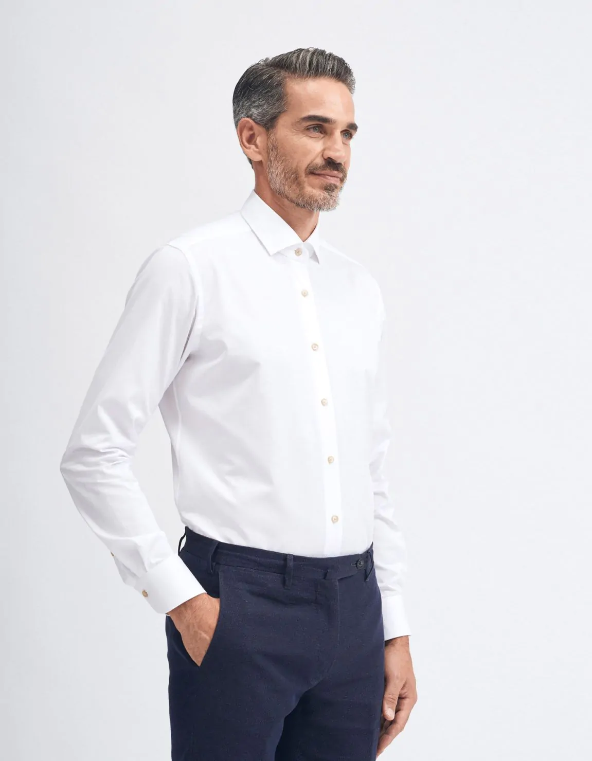 Xacus Camicia Collo francese piccolo Tinta Unita Twill Bianco