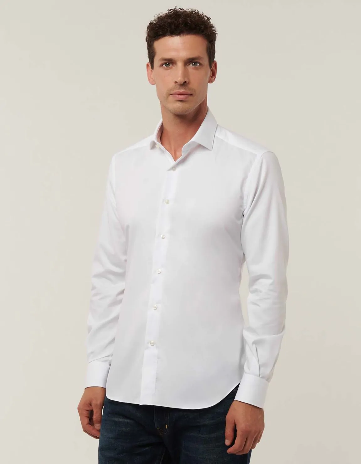 Xacus Camicia Collo francese piccolo Tinta Unita Twill Bianco